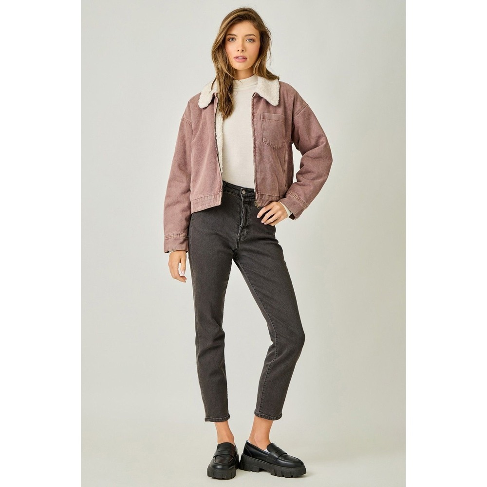 Mystree Denim Jacket Mauve Faux Shearling Lined Oversized Zip Up Coat Medium NEW